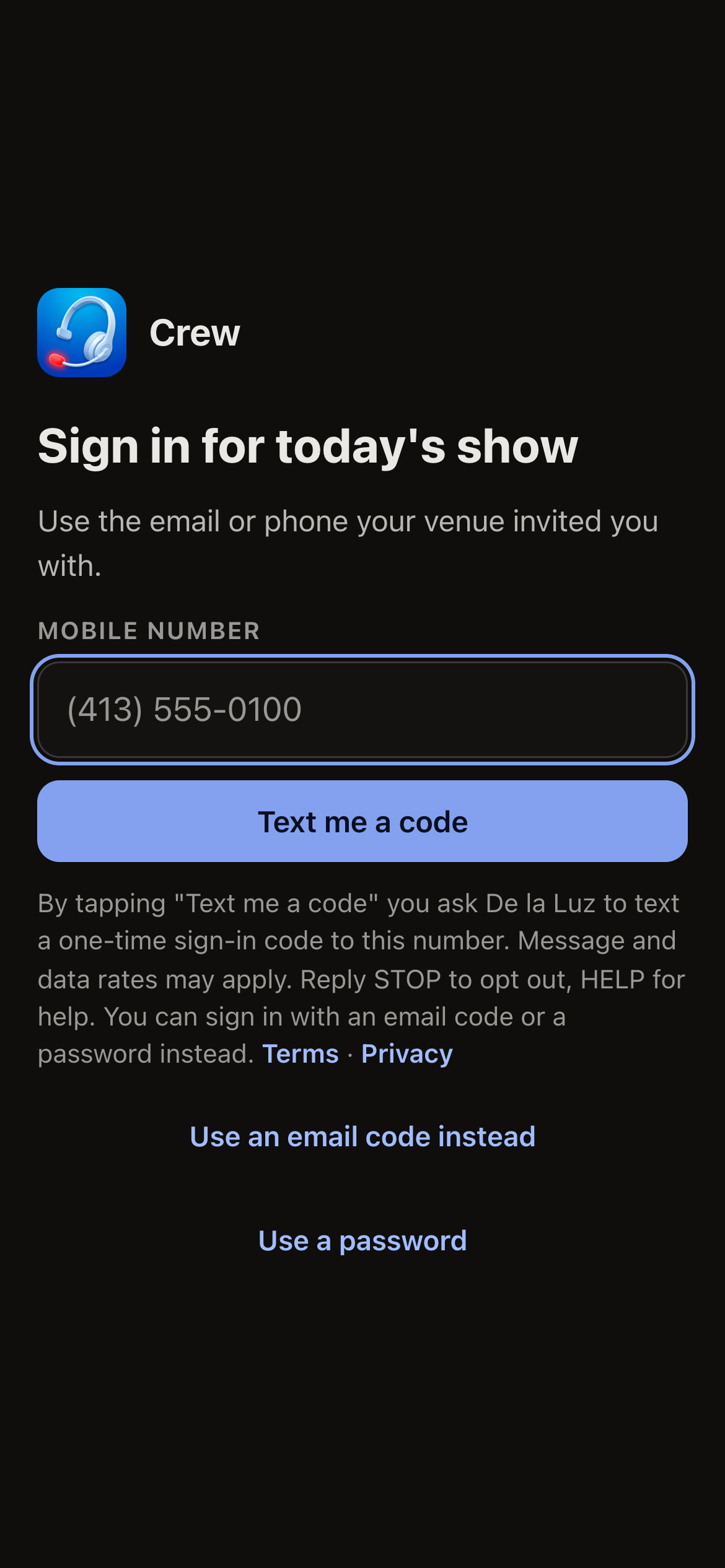 Crew app sign-in screen with the disclosure under Text me a code