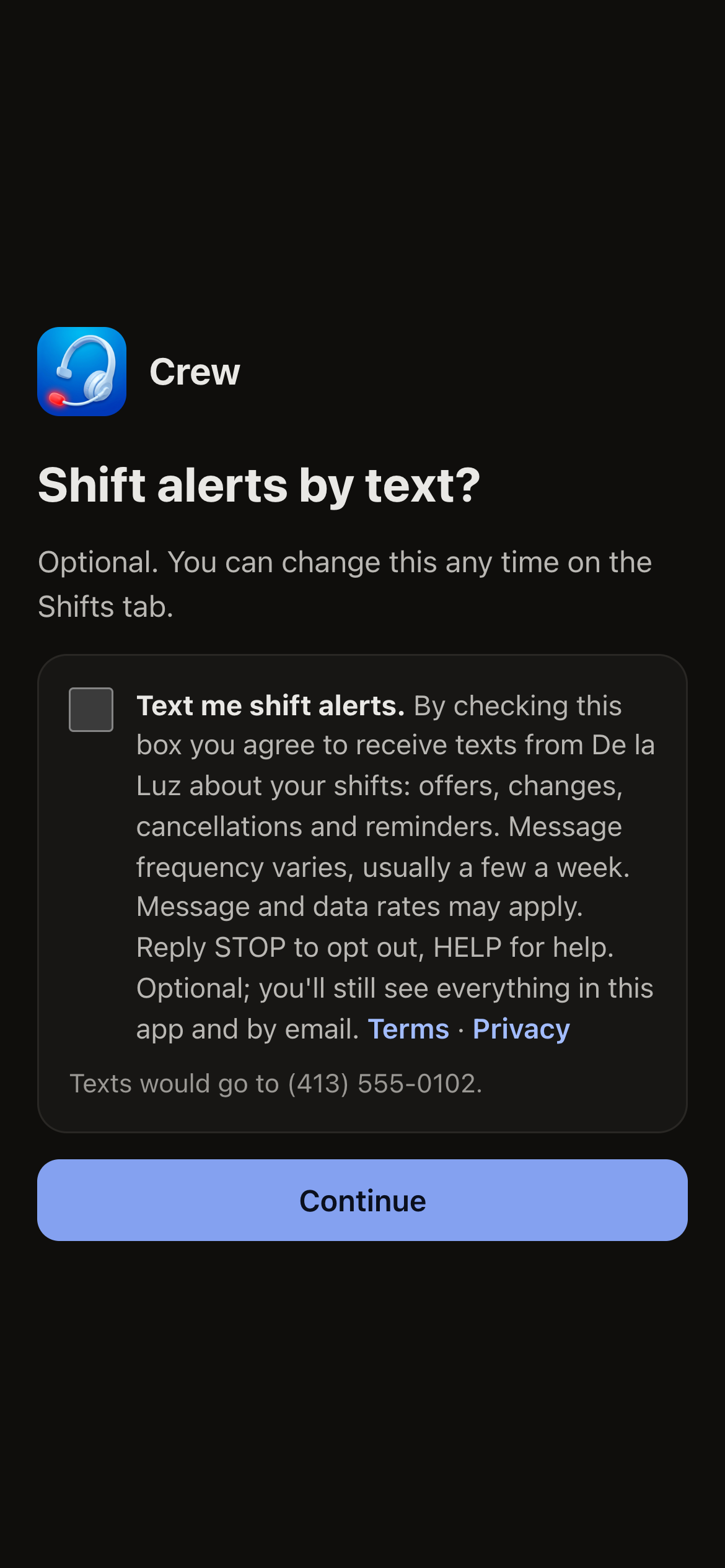 Crew app first sign-in screen with the Text me shift alerts box unchecked